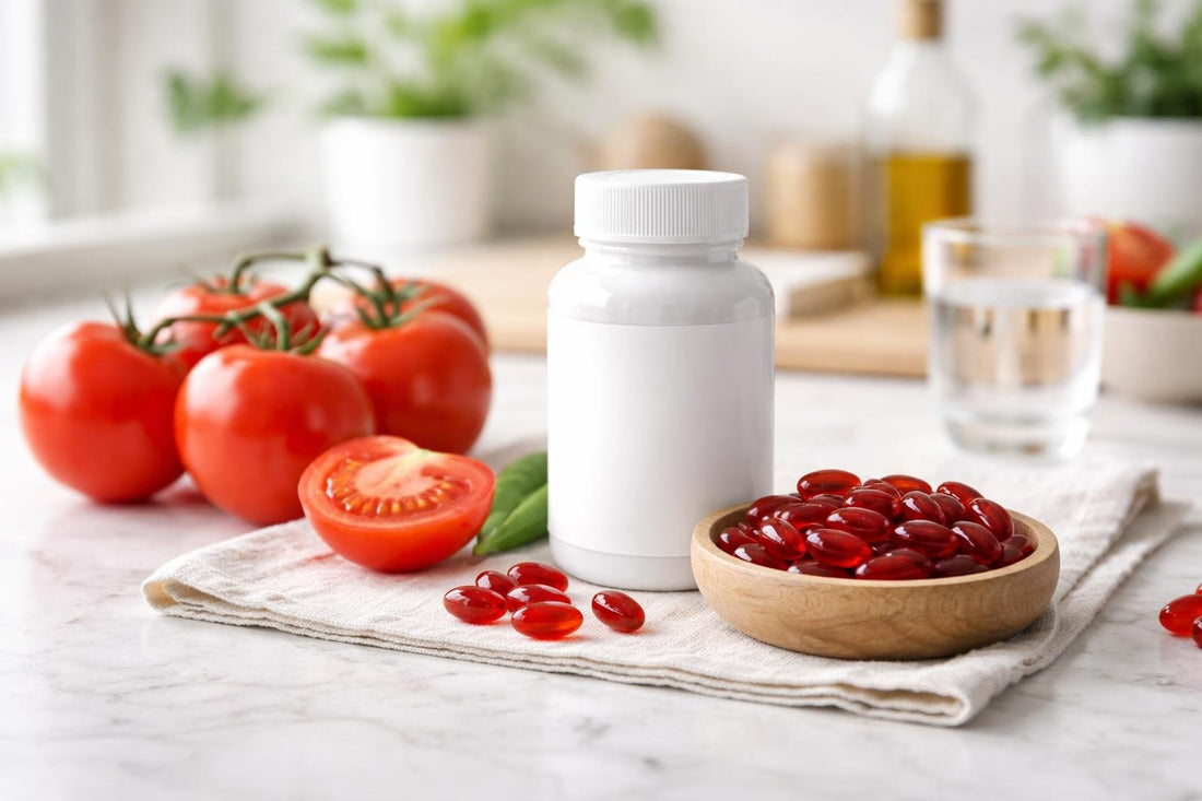 Lycopene supplement capsules with tomatoes on kitchen counter