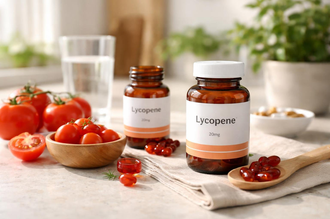 Bottles of lycopene supplements with tomatoes