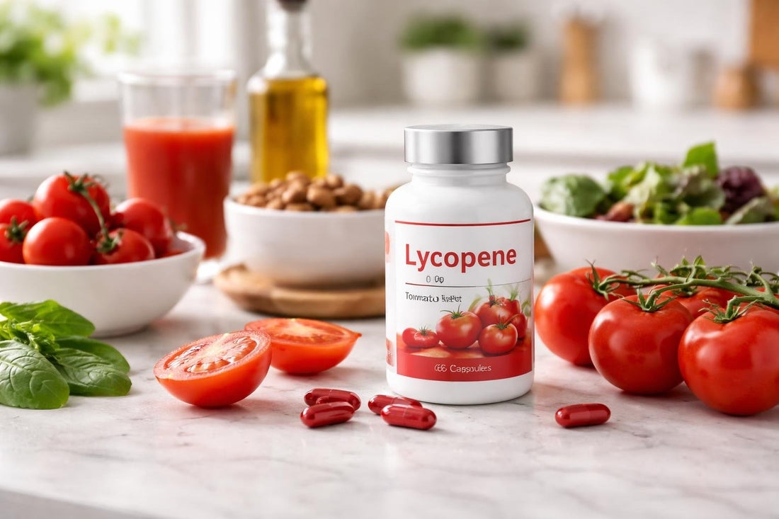 bottle of lycopene supplements with tomatoes