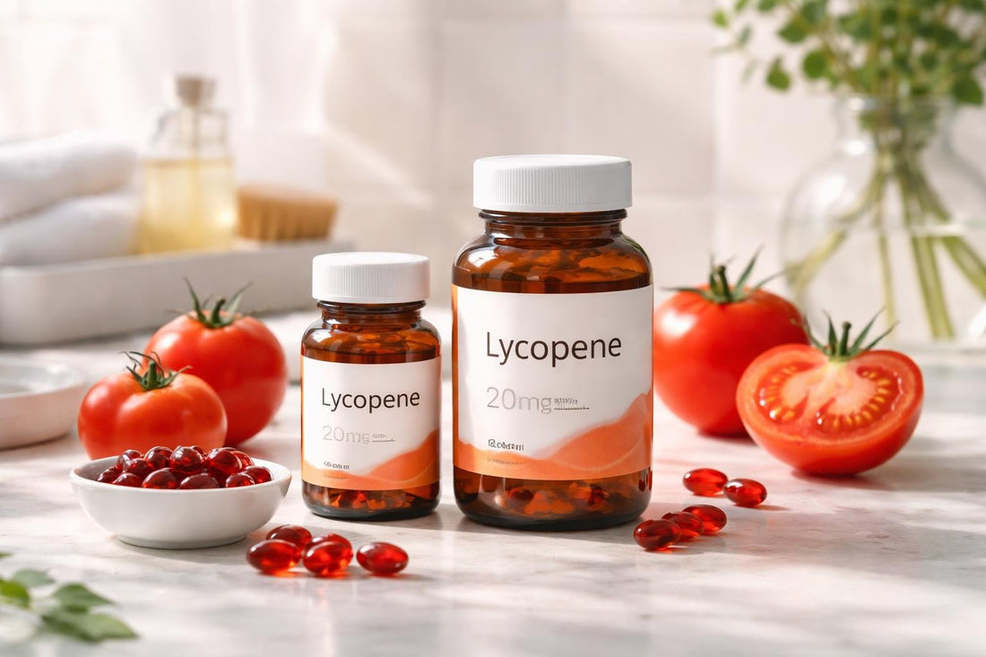 Bottles of lycopene supplements with fresh tomatoes