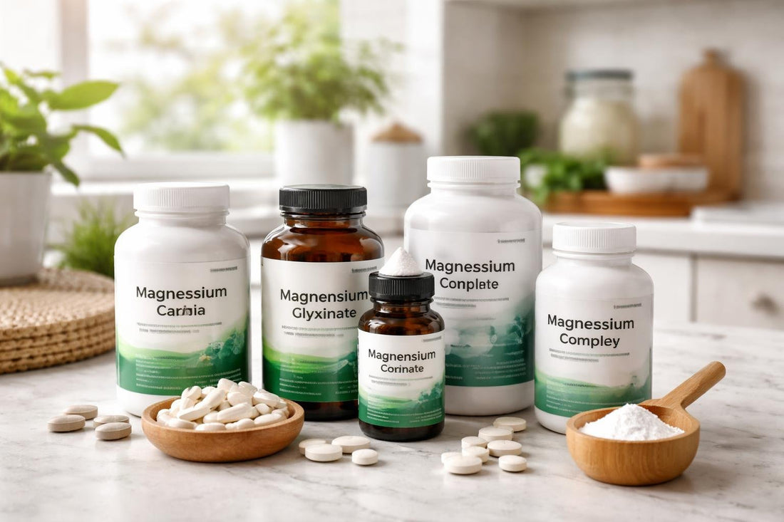 assorted magnesium supplement bottles and tablets