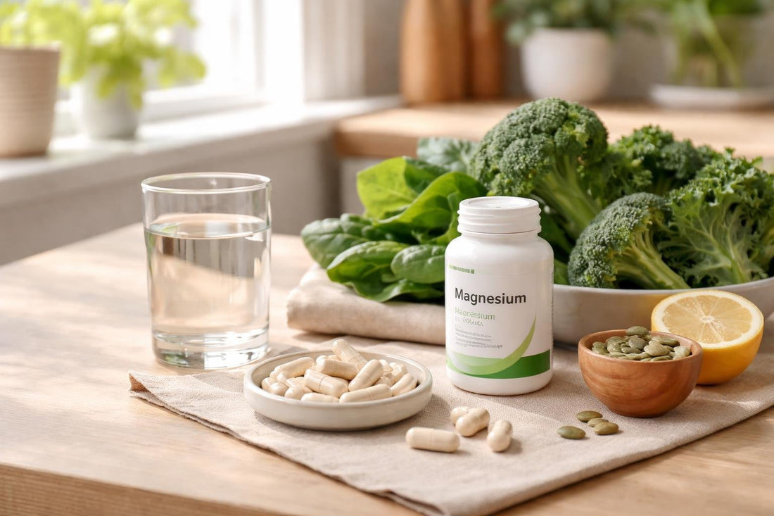 Magnesium capsules and leafy greens for seasonal wellbeing