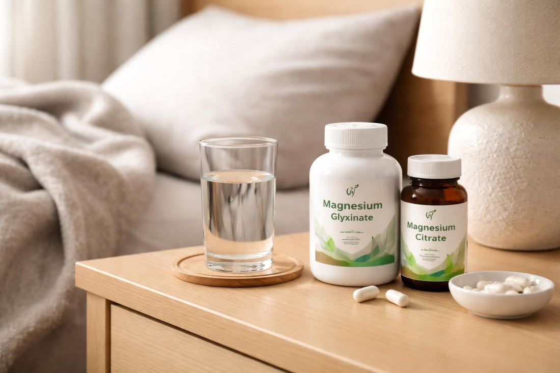 Magnesium supplements with water beside a bedside table