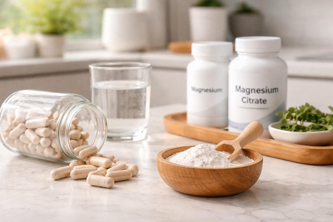Magnesium supplement capsules and powder on a kitchen counter