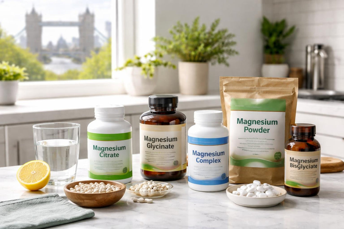 Assorted magnesium supplements on a London kitchen counter