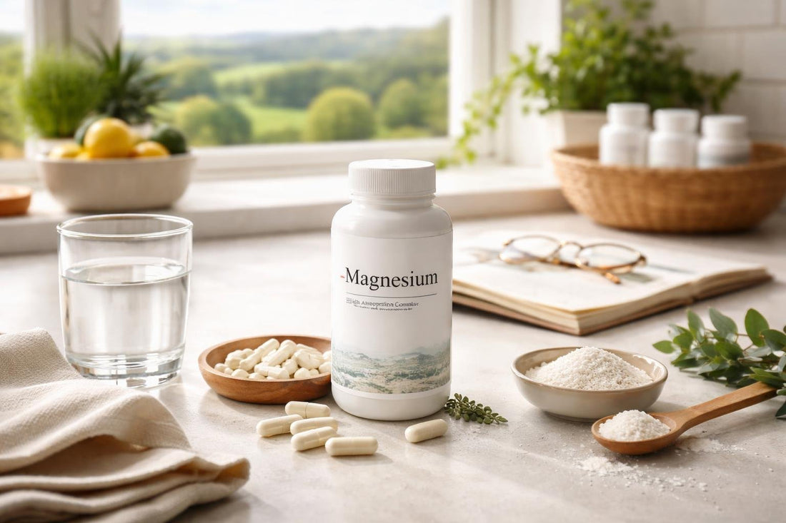 Magnesium supplement capsules beside Yorkshire countryside notebook