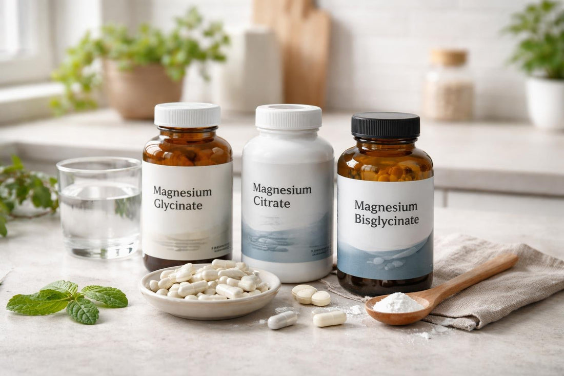 Assorted magnesium supplements in jars and capsules