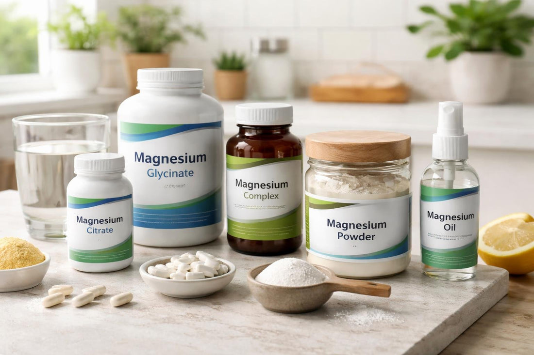 selection of magnesium supplement bottles and powders