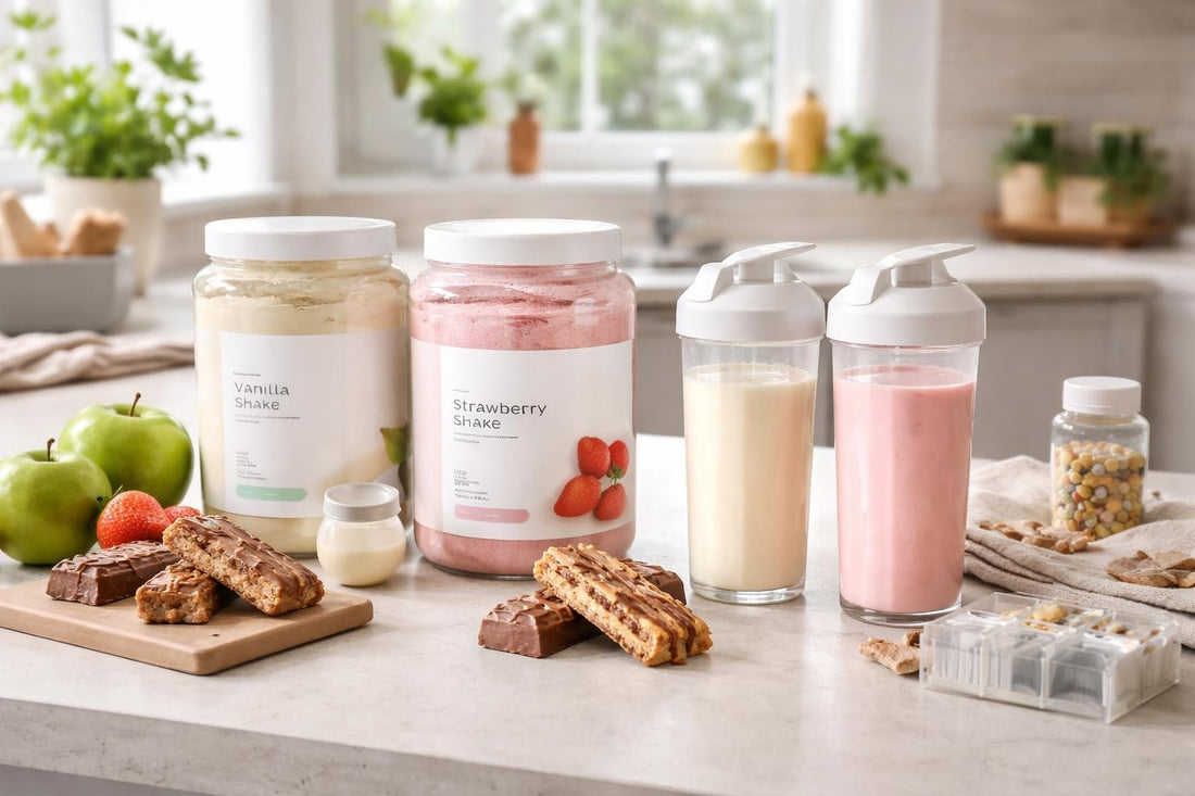 Diet kit shakes and bars on a Manchester kitchen counter
