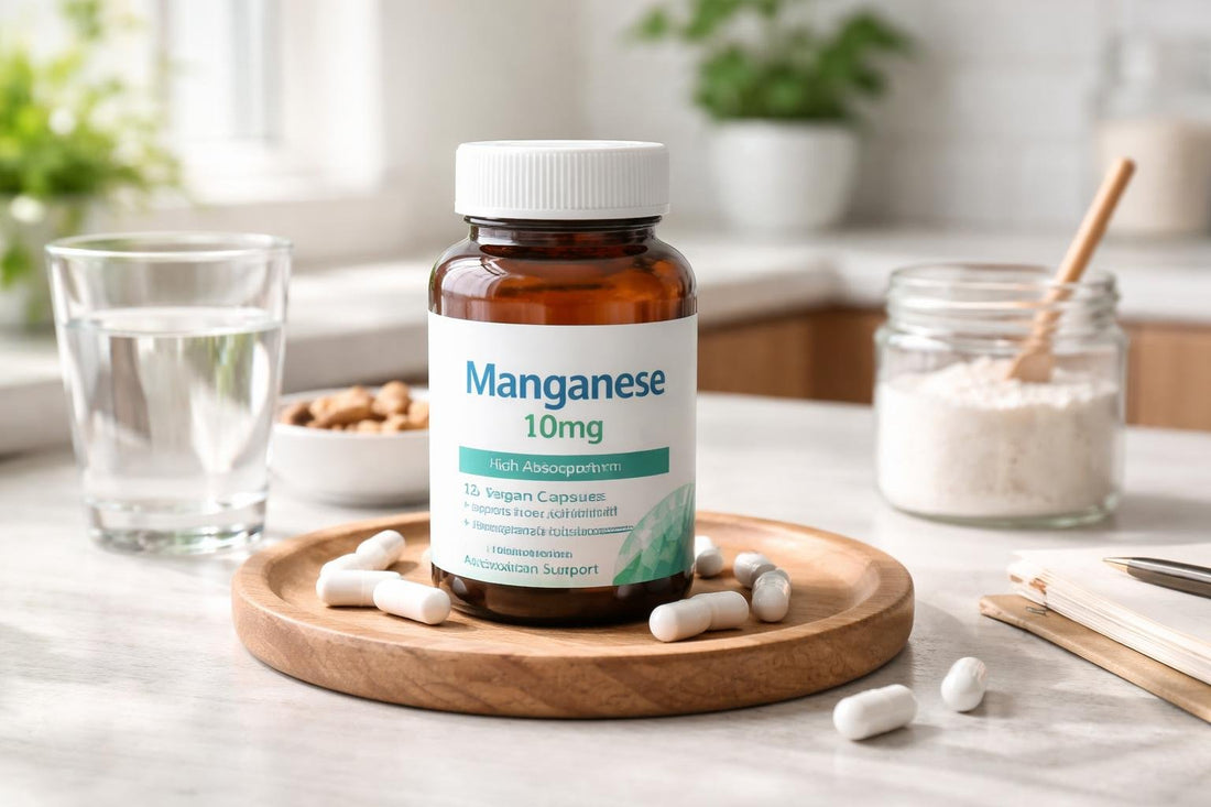 bottle of manganese supplements and label information