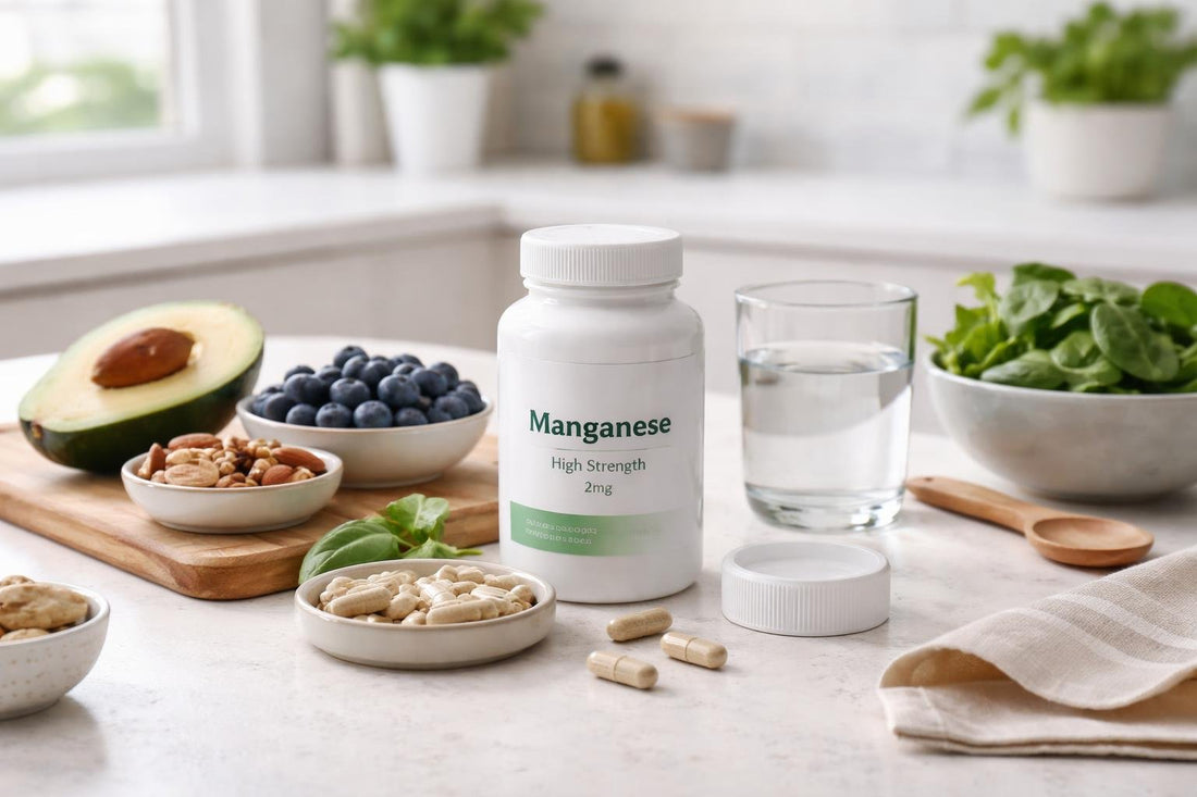 Manganese mineral supplement capsules beside food on table