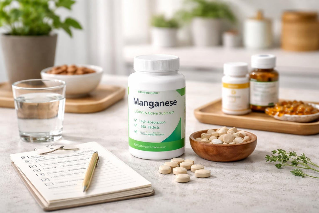 Manganese supplement capsules with label reading checklist