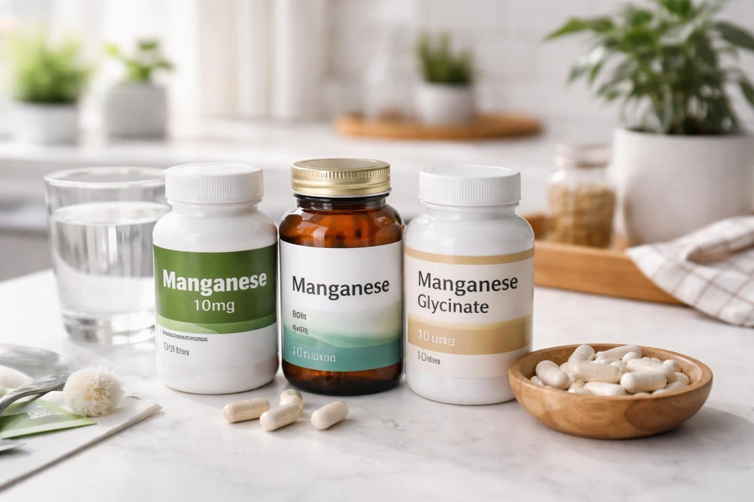 Manganese supplements bottles and capsules on table