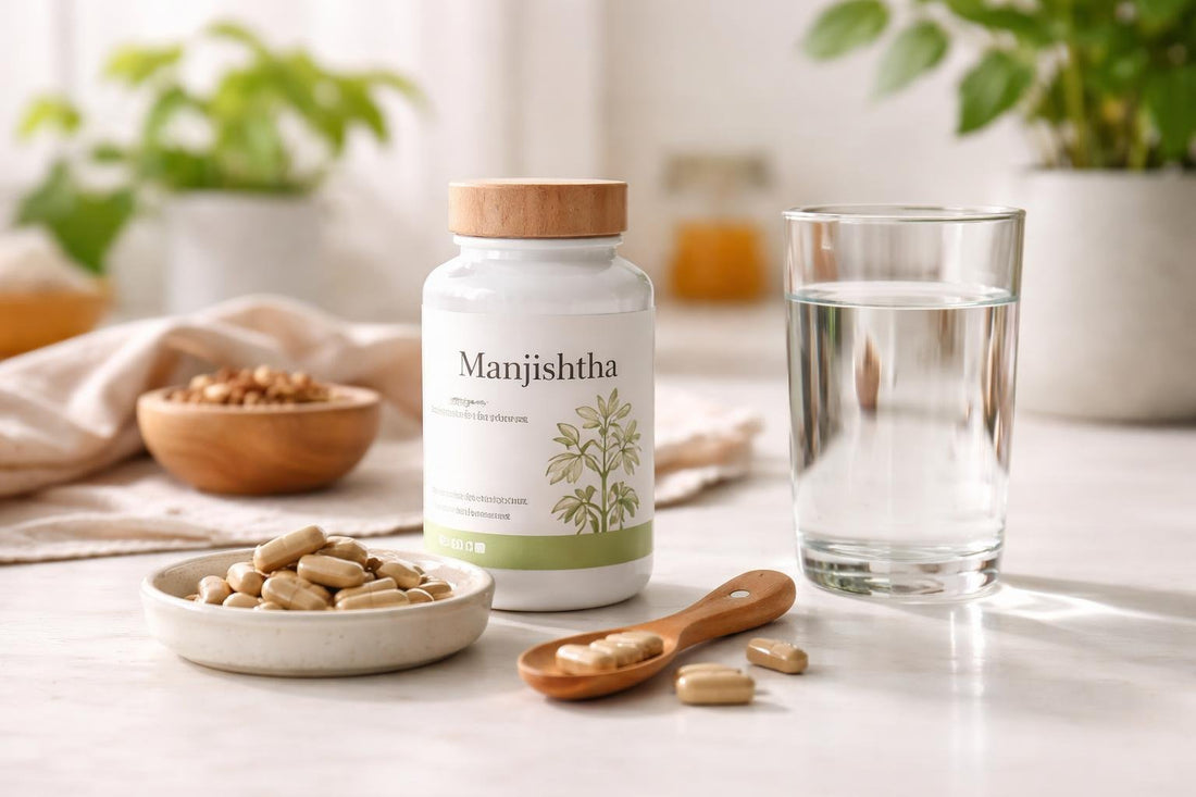 Manjishtha herbal supplement capsules with glass of water