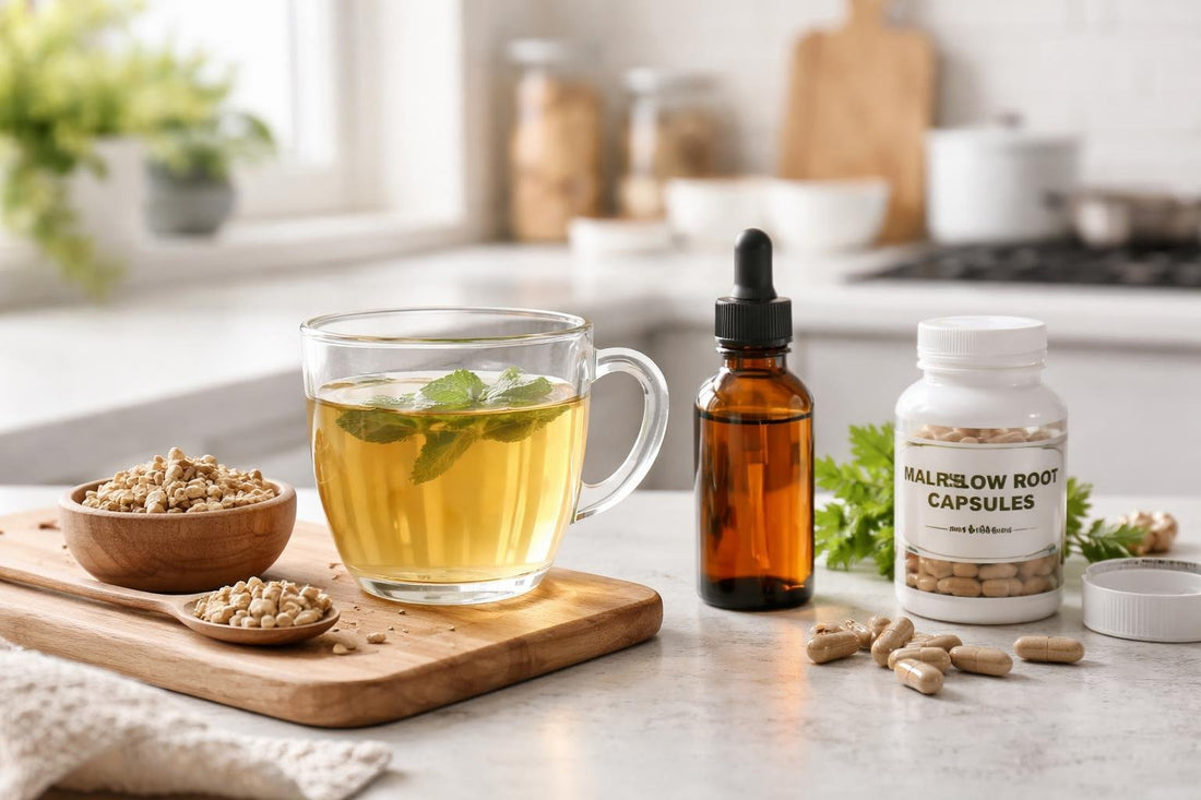 Marshmallow root tea, tincture and capsules on kitchen counter