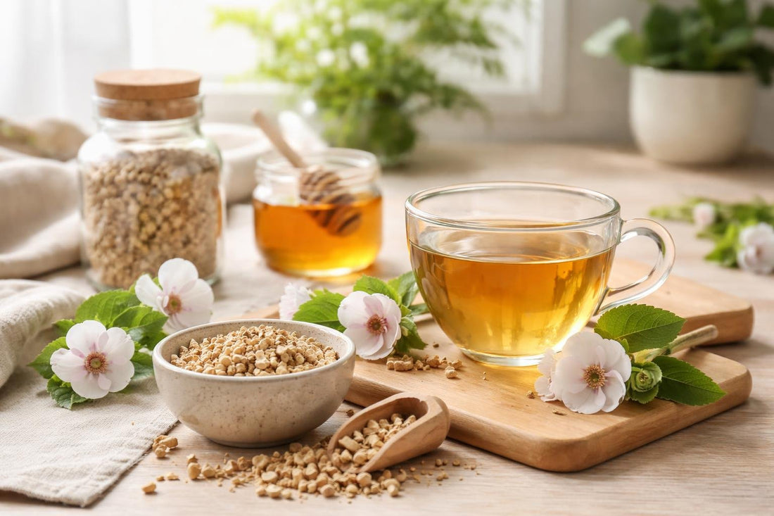 Marshmallow root herbal tea with dried root and flowers