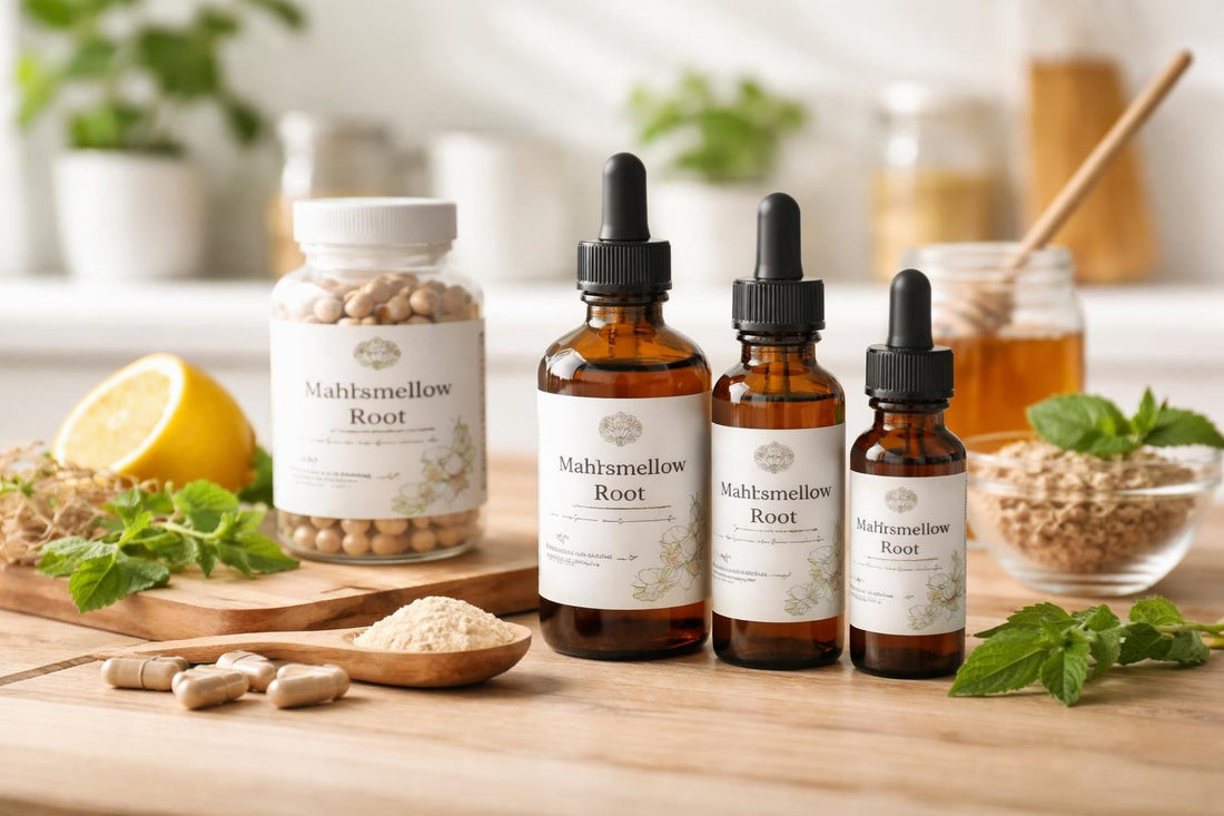 Marshmallow root tinctures and capsules on display
