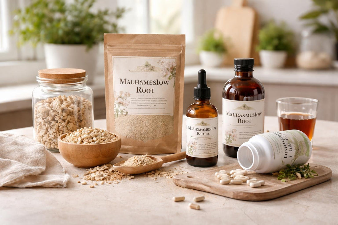 Assorted marshmallow root herbal remedies and packaging