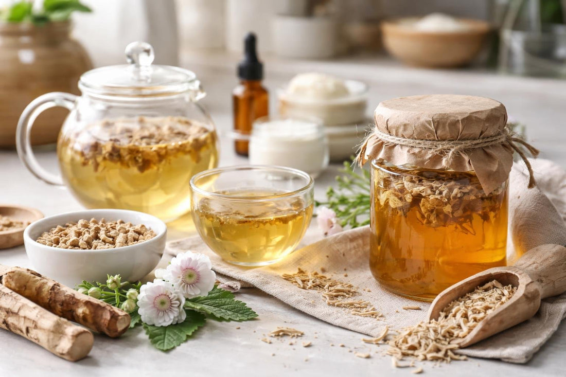 Marshmallow root infusion and homemade syrup jar