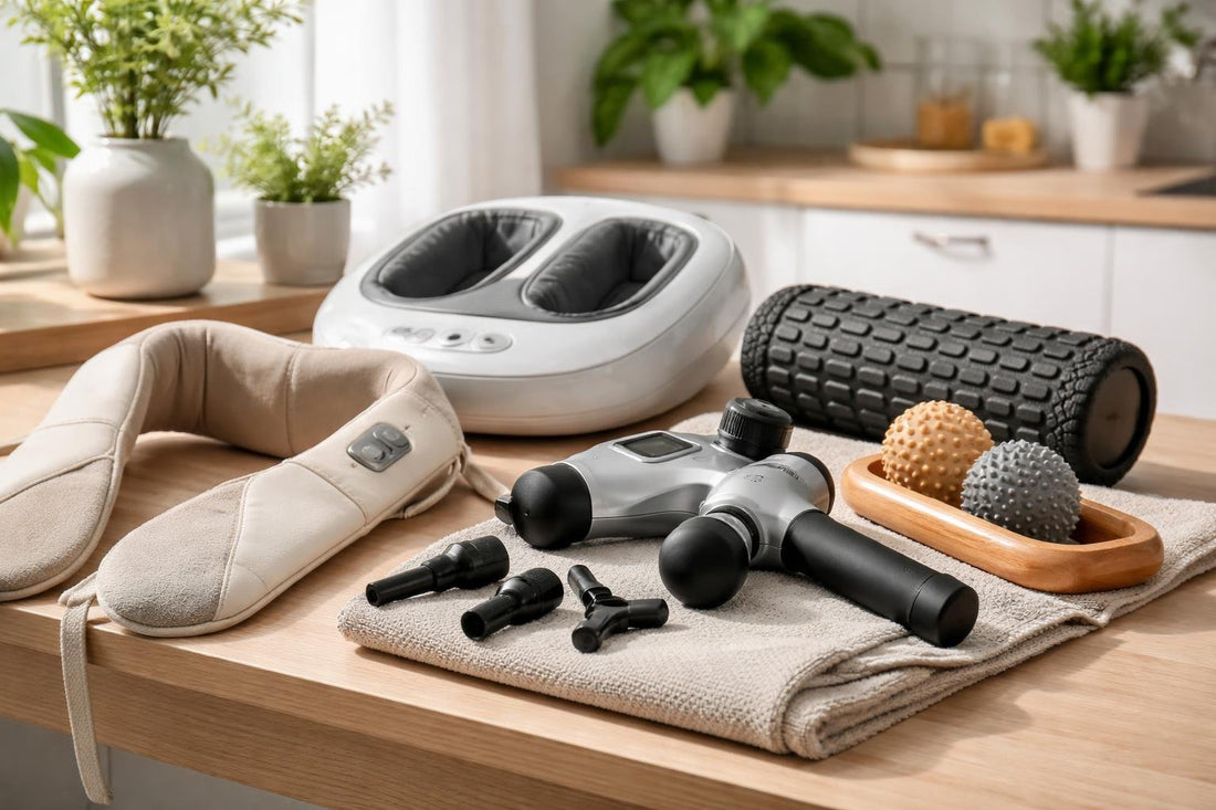 assortment of home massage tools and accessories on table