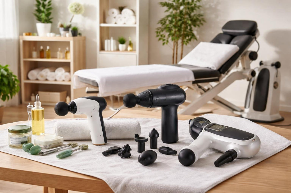 Assorted massage tools and handheld equipment in clinic