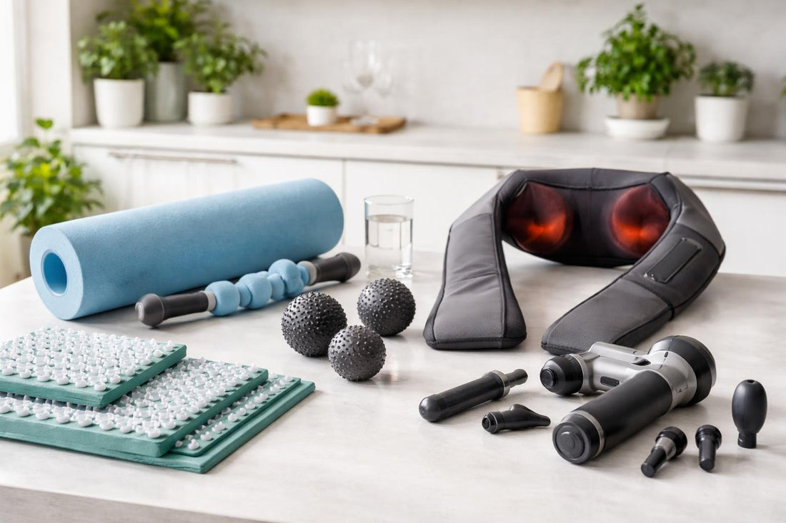Beginner and advanced massage tools laid out for