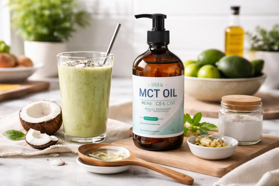 MCT oil nutritional supplements with spoon beside smoothie glass