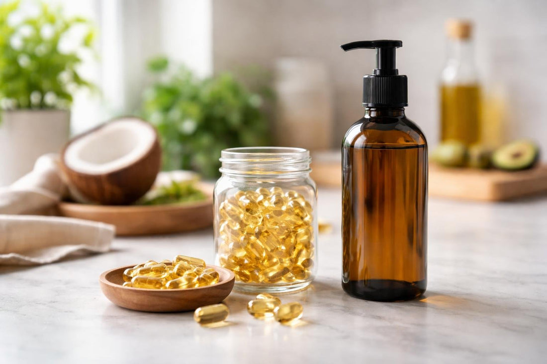 MCT oil capsules and liquid bottle on kitchen counter
