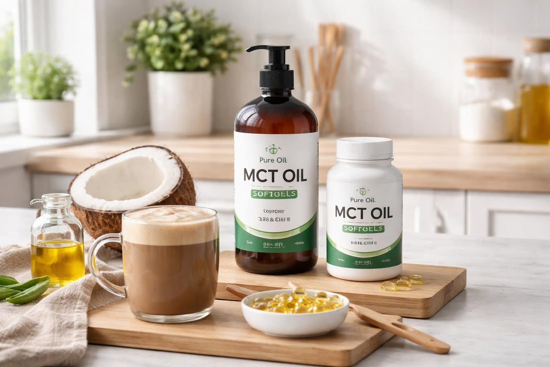 MCT oil supplements bottles and coffee in kitchen