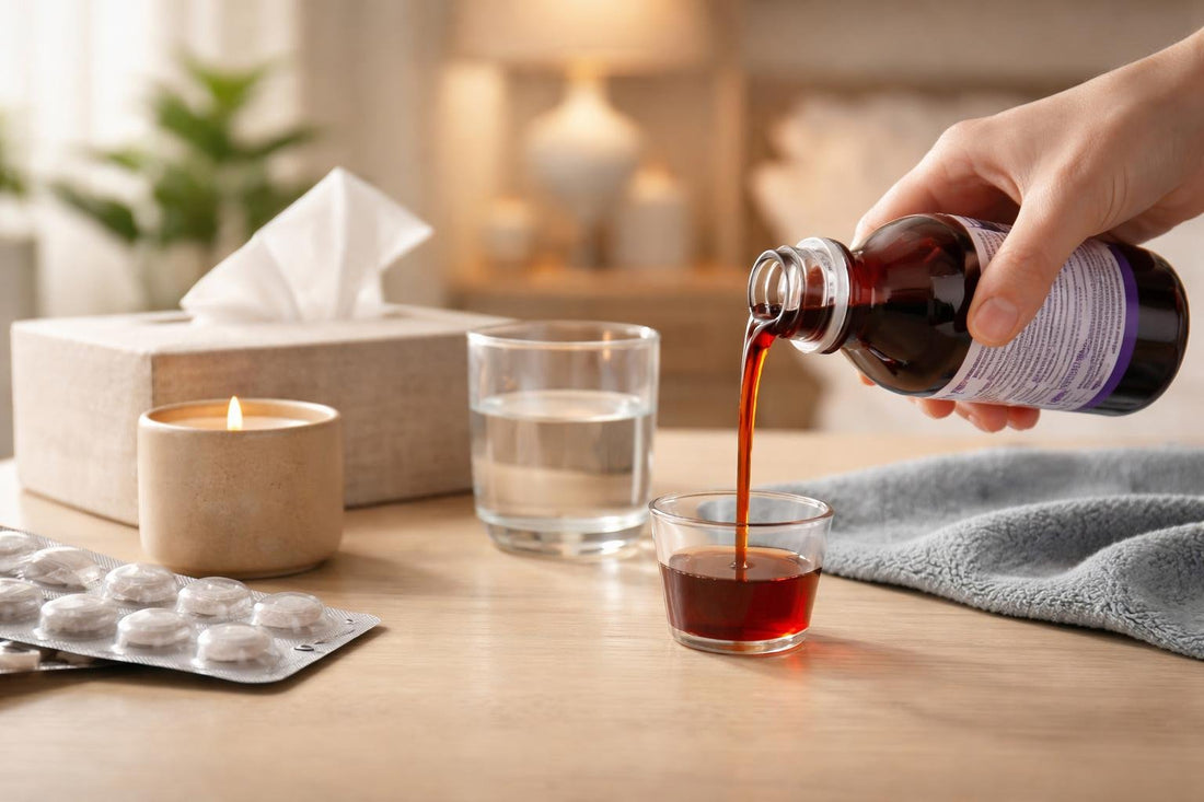 Measuring cough syrup dose with cup for night comfort