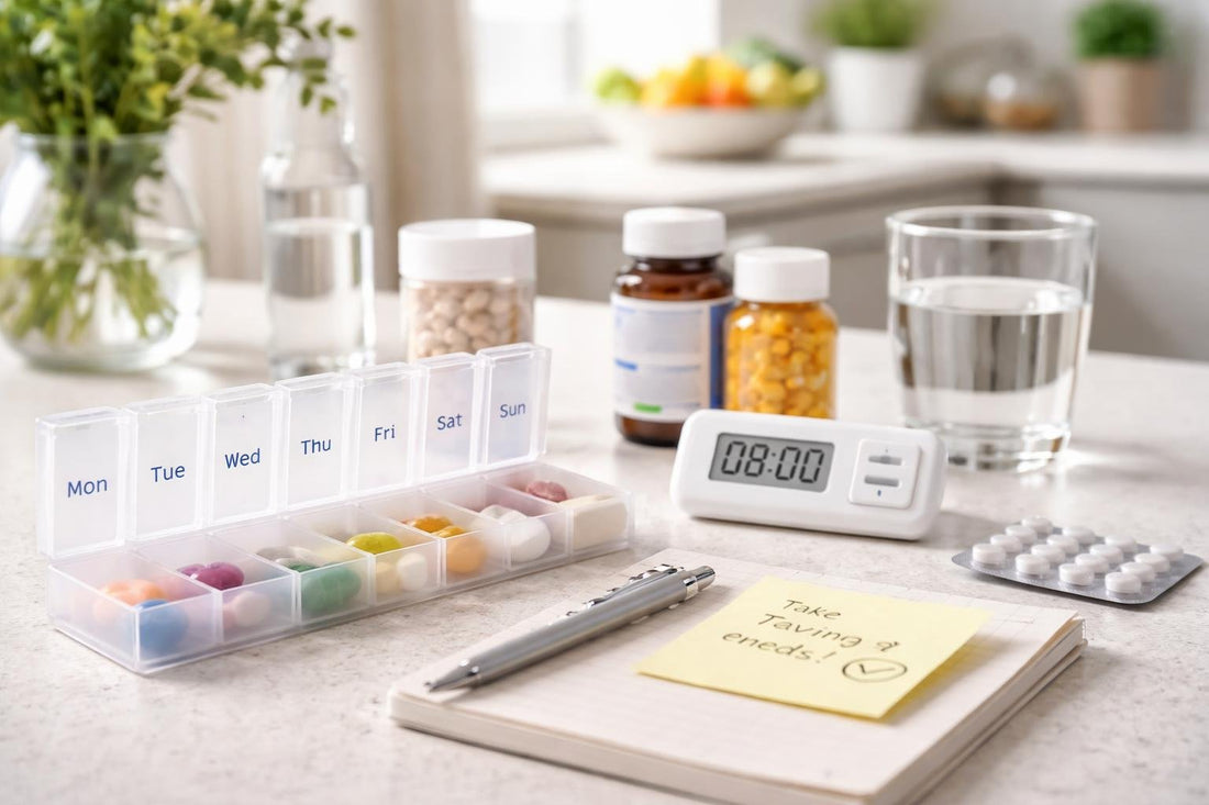 Weekly pill organiser and reminder notes for daily medication