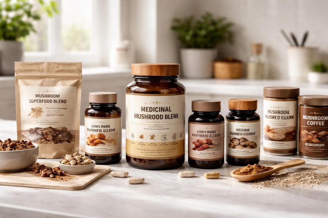 assorted medicinal mushroom supplements and packaging