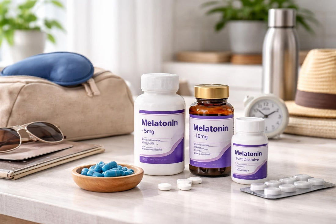 bottles of melatonins supplements with travel items