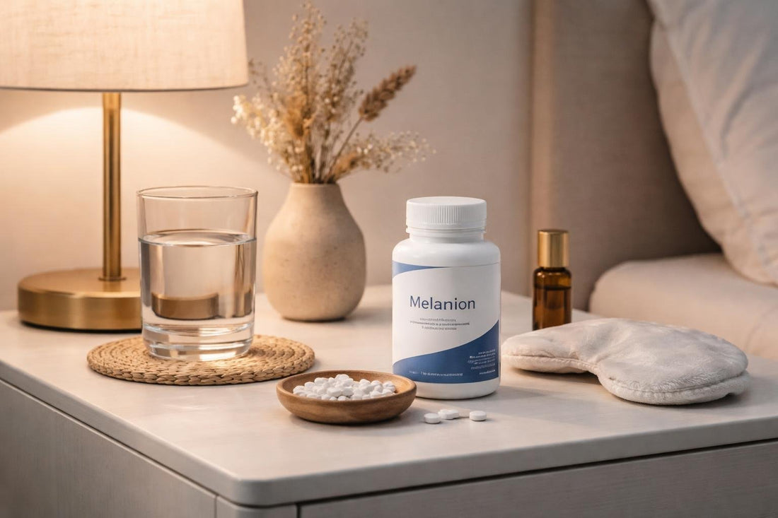 Melatonin tablets beside bedtime routine essentials on nightstand