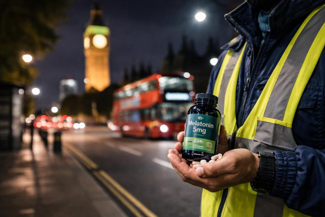 London night shift worker holding melatonin bottle