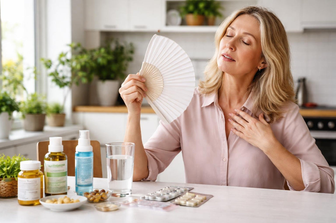 Woman using a fan for hot flush relief