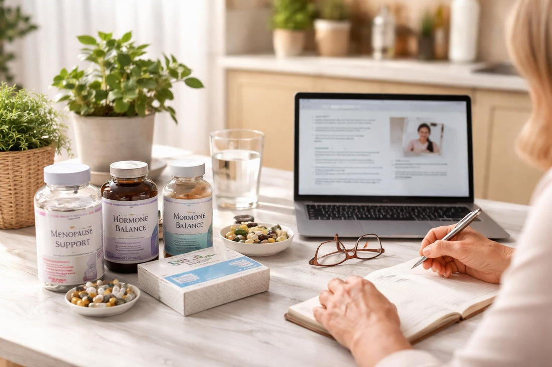 Woman researching menopause treatments and supplements