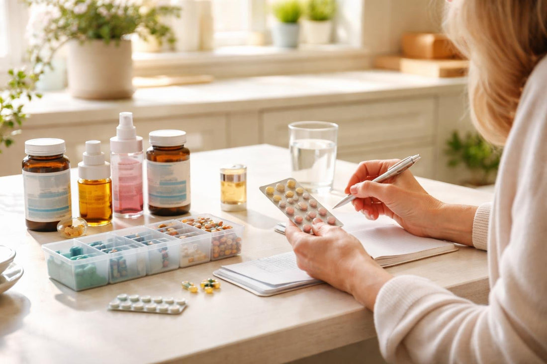 Woman reviewing menopause treatment options with a medicine organiser