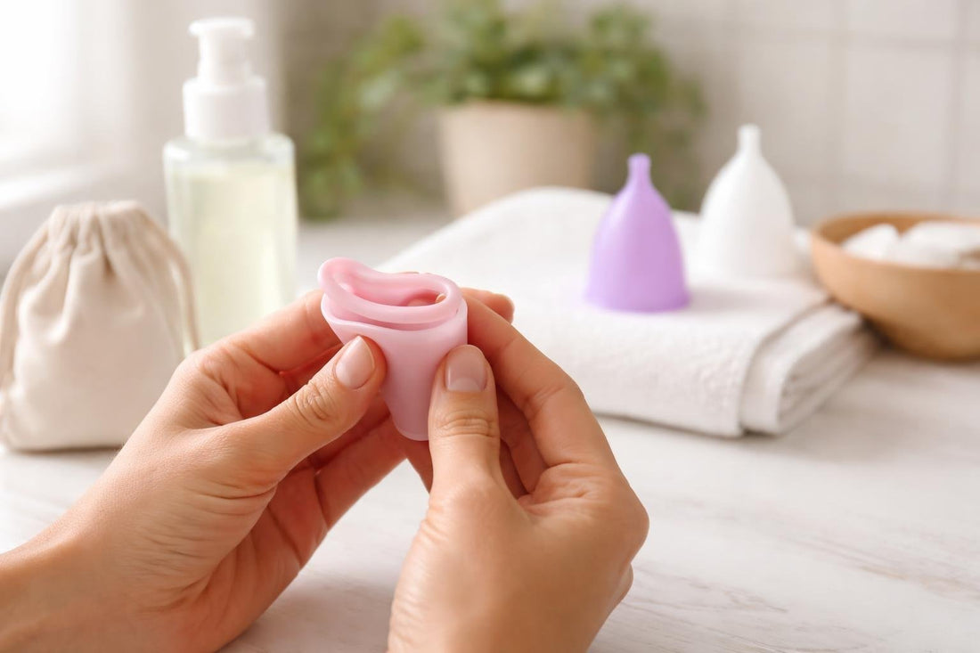 Hands holding folded menstrual cup for beginner insertion