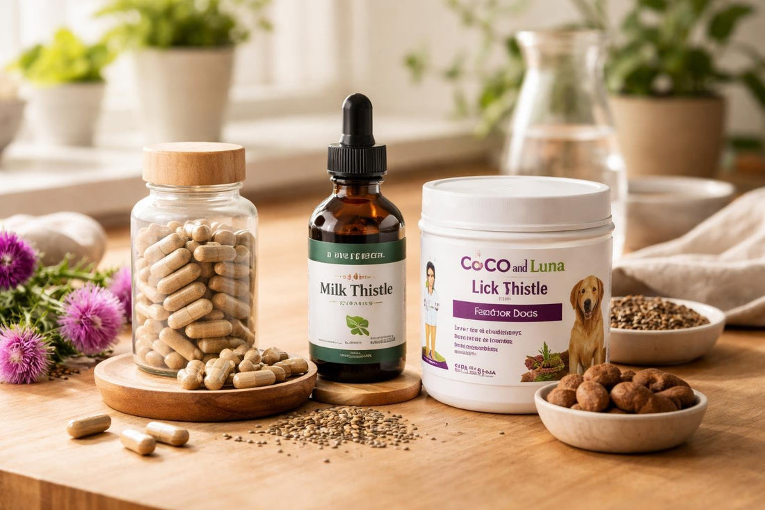 Assorted milk thistle supplements and capsules on wooden table