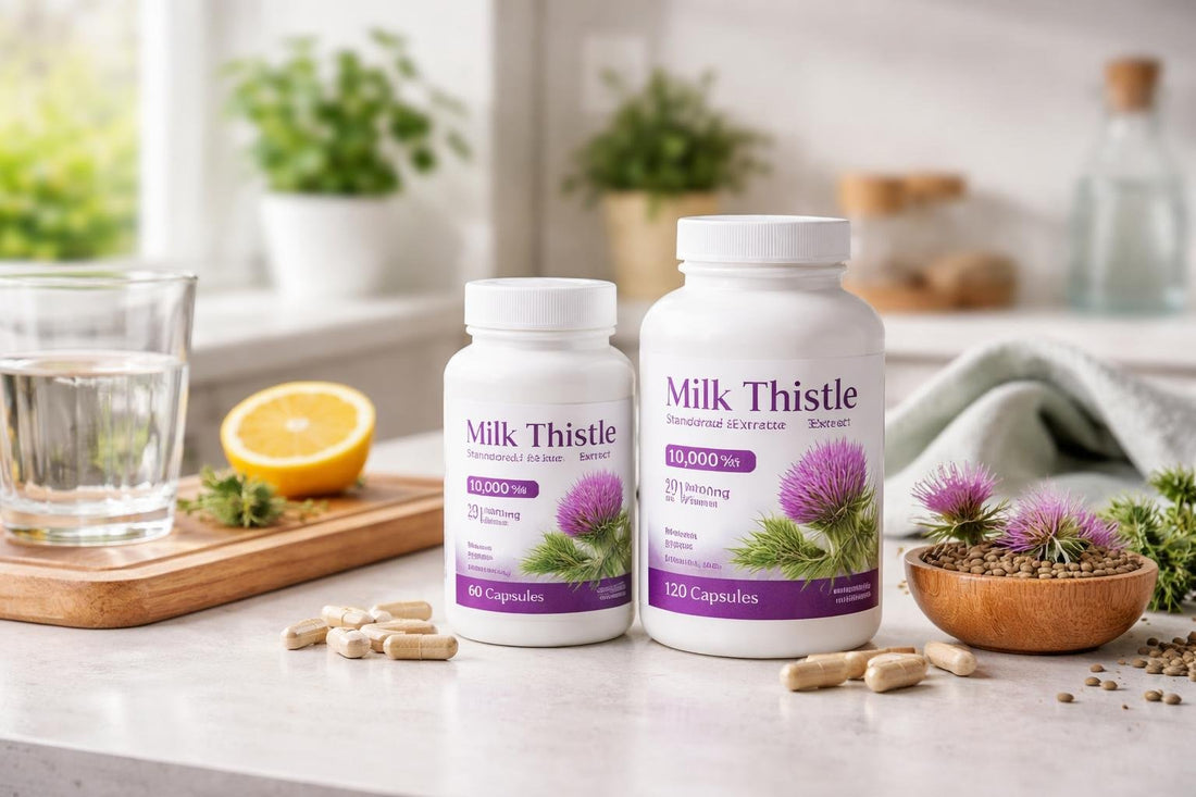 Milk thistle supplement bottles and capsules on table