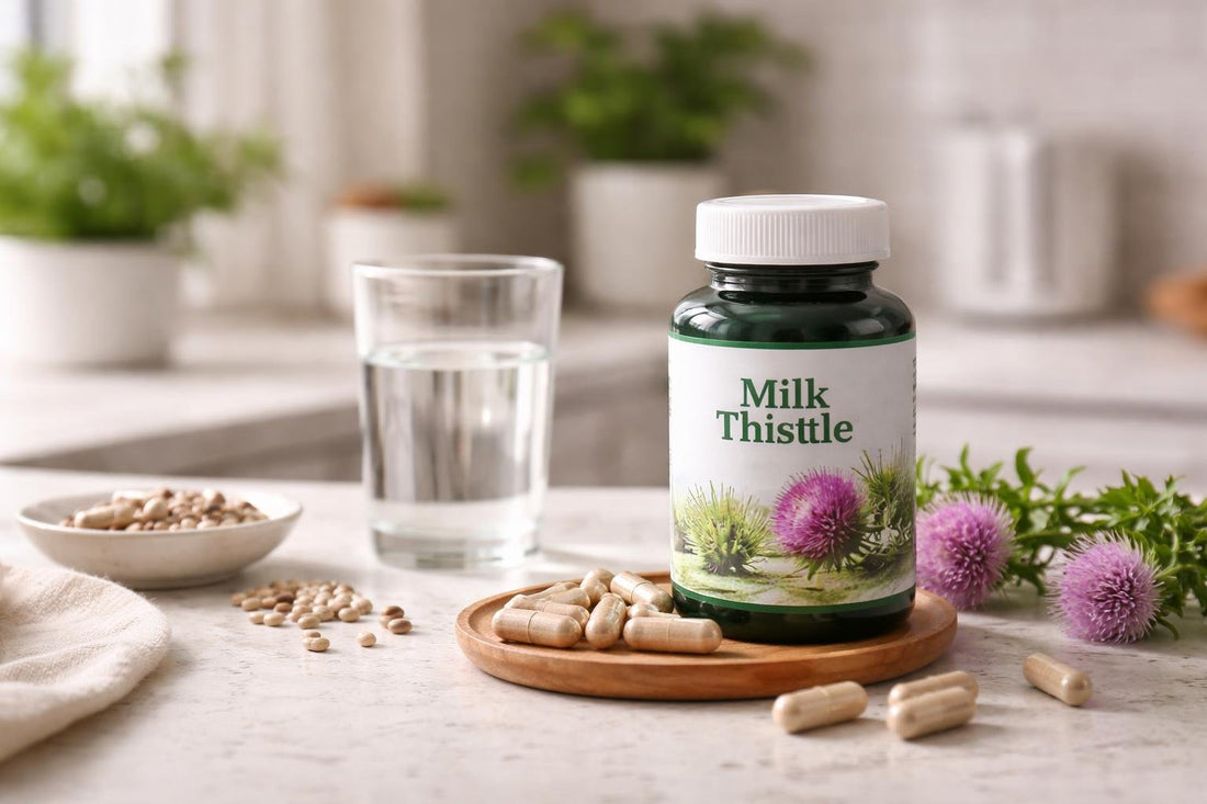 Milk thistle supplements bottle and capsules