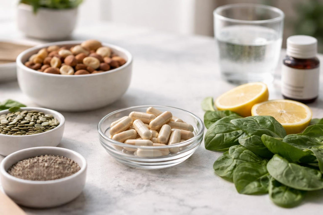 Mineral supplement capsules beside nuts, seeds and leafy greens