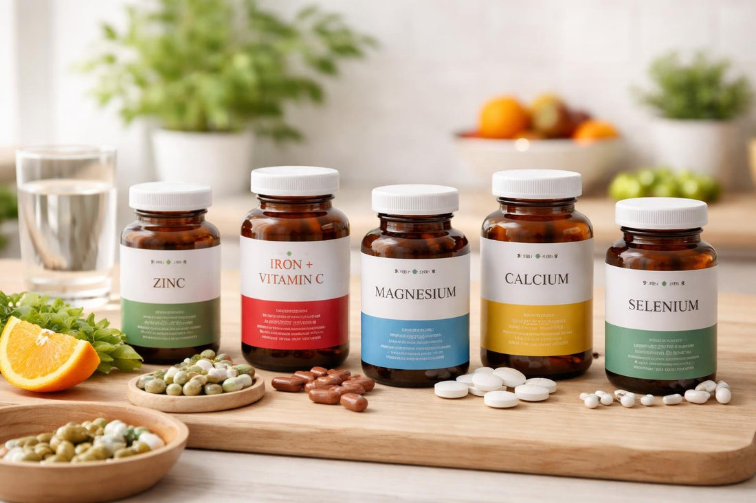 Vegan mineral supplements assortment on wooden table