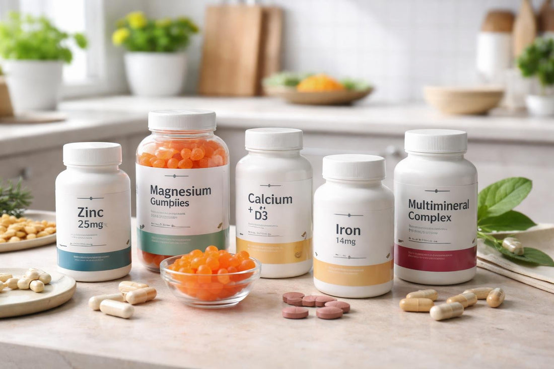 assorted mineral supplement bottles and gummies on table