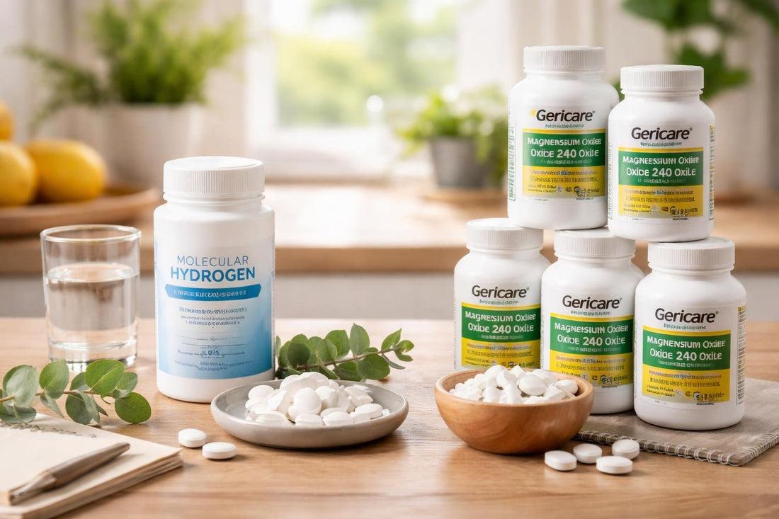 array of mineral supplements and capsules on wooden table