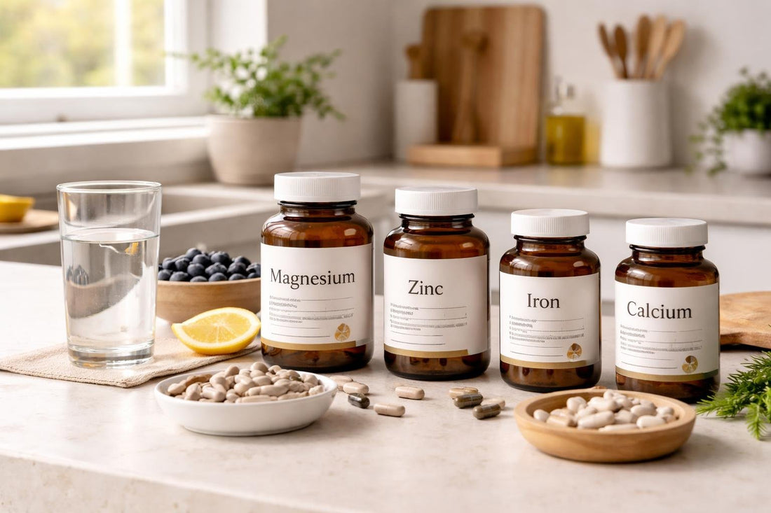 Mineral supplements on kitchen counter with water glass