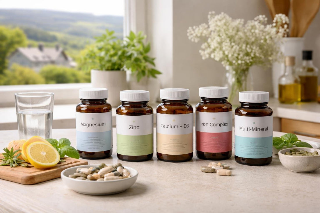 Mineral supplements arranged on a kitchen counter in Scotland