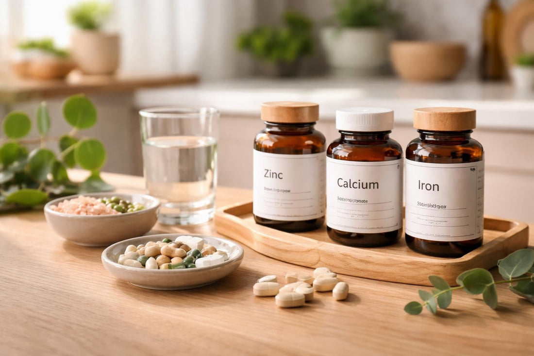 Assorted mineral supplements and capsules on wooden table