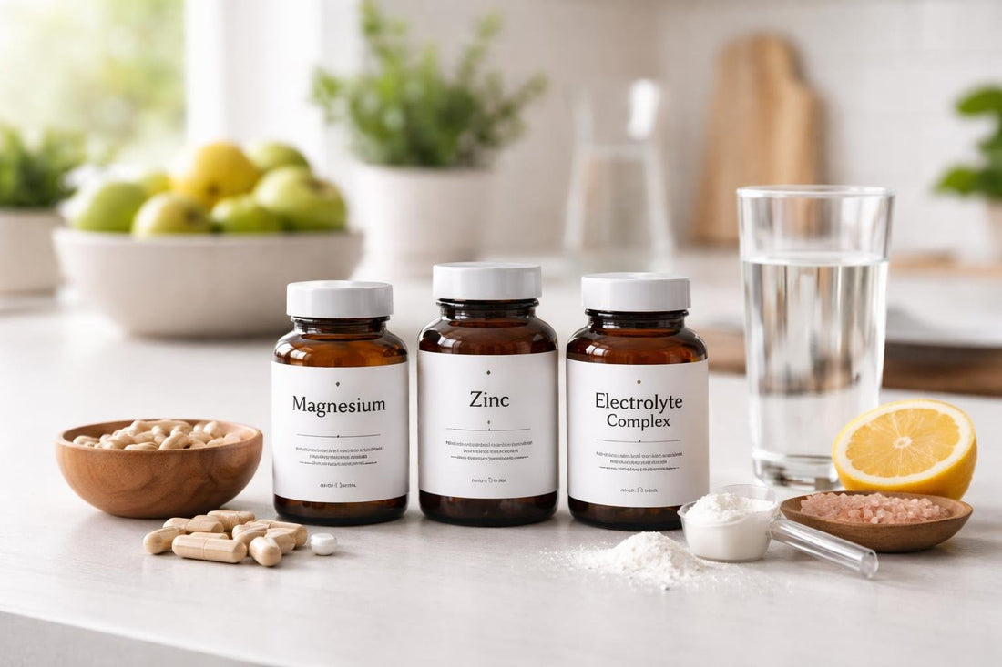 Mineral supplement capsules and electrolyte powder on kitchen counter